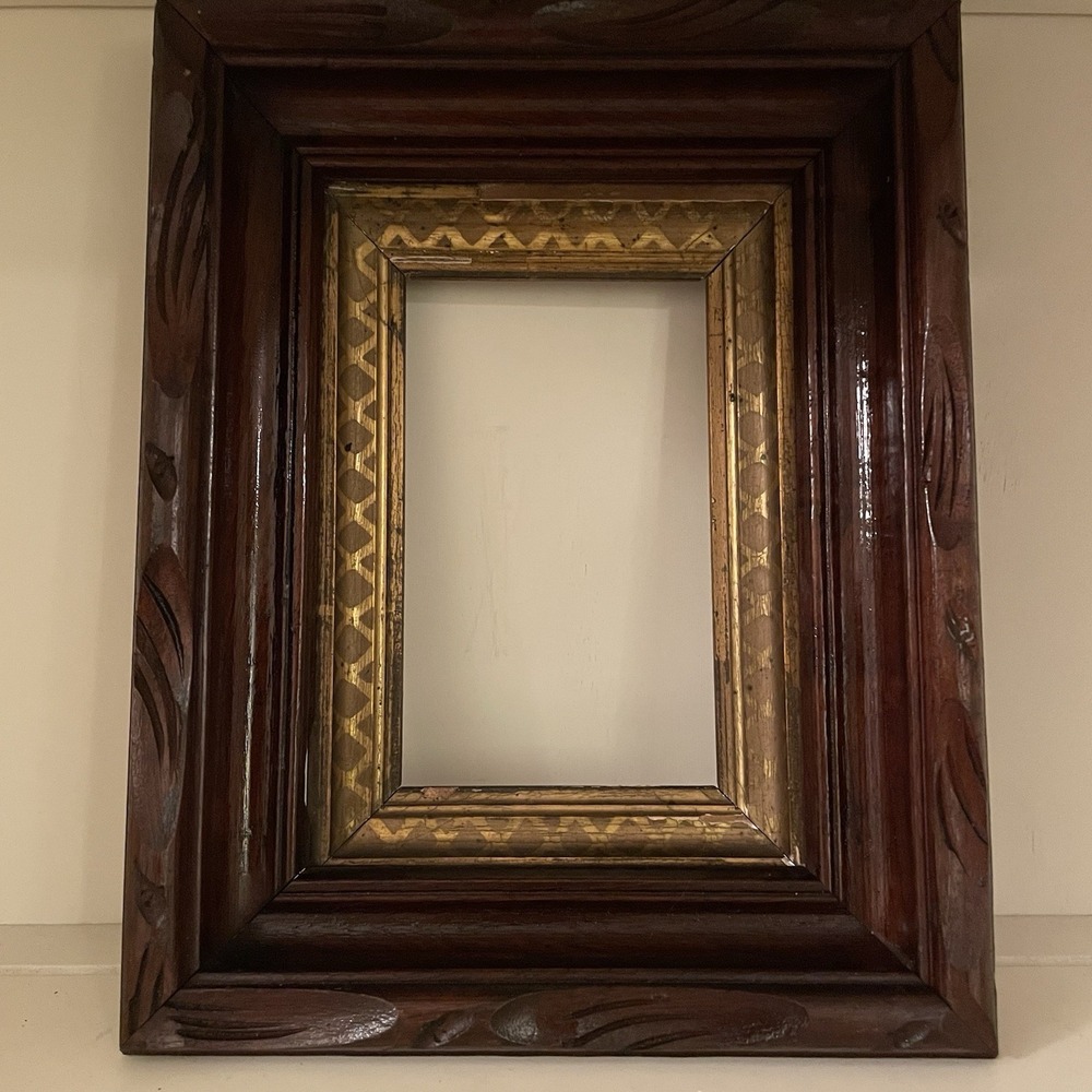 Vintage Tramp Art Adirondack Style Carved Wood Picture Frame Gilt Liner Folk Art